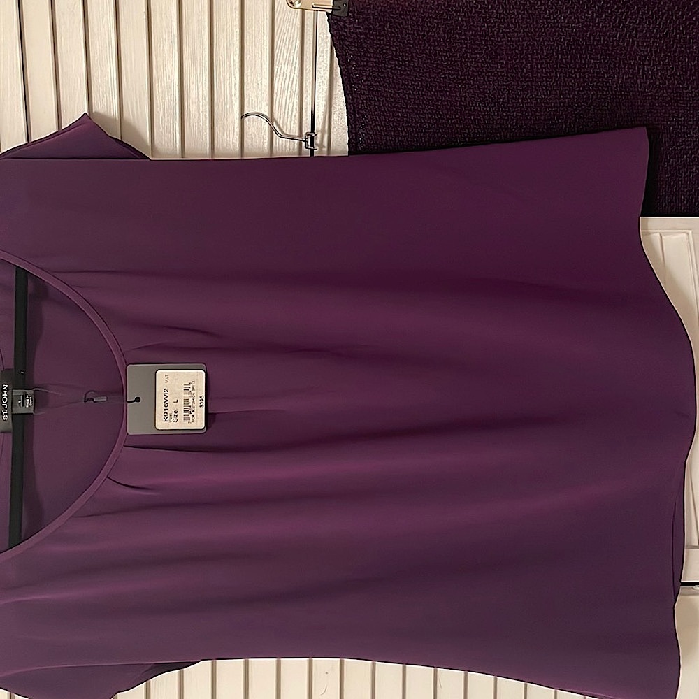 New, with tags ST. JOHN short sleeve blouse; color Violet. This is a gem!